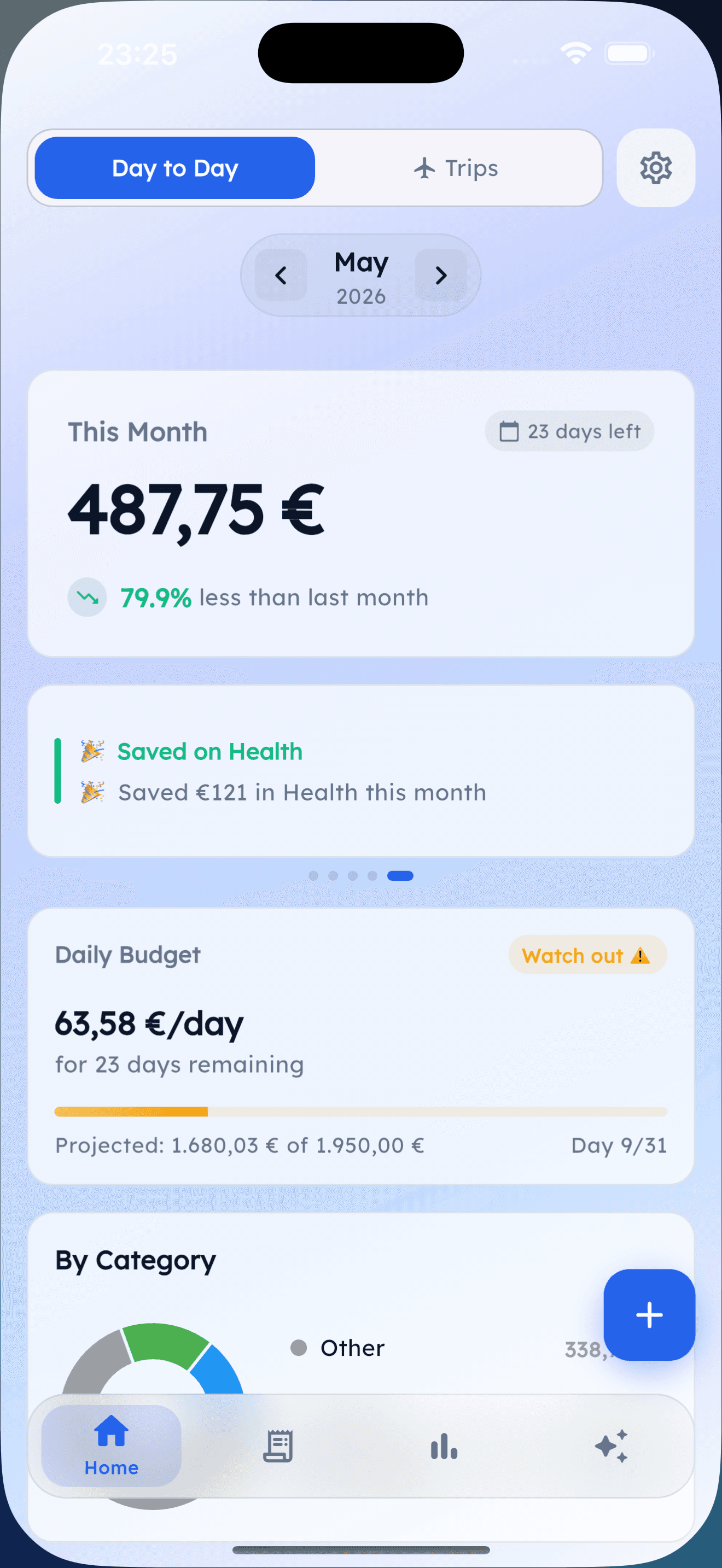 Tela do app Budly mostrando o orçamento mensal, categorias e budget diário